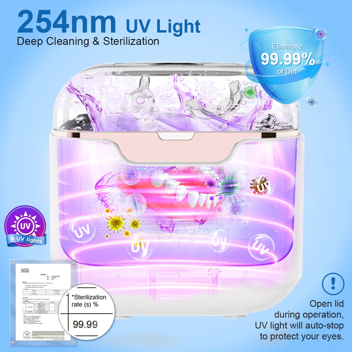Ultrasonic Retainer Cleaner Machine, 48kHz Ultrasonic Dentures Cleaner with Timer & 4 Modes, 240ML Dental Pod for Mouth Guards, Braces, Aligner, Toothbrush, Jewelry, Makeup tool.