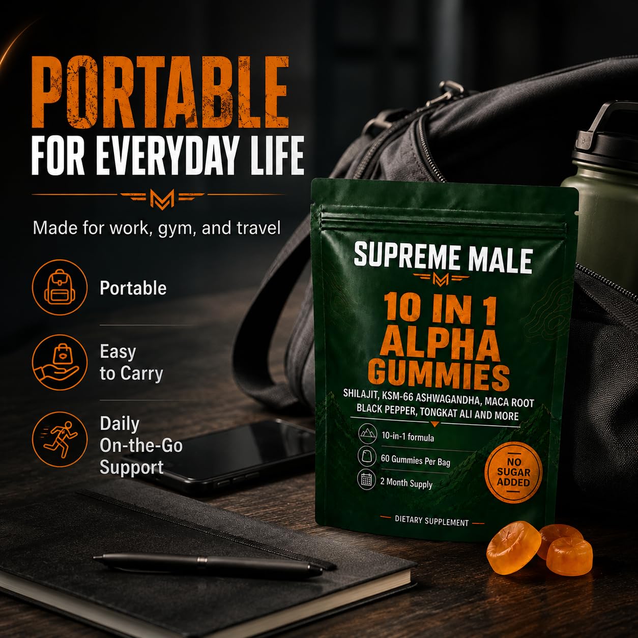 Gummies, Supreme Male 10 in 1 Alpha Gummies, Supports Daily Energy, Stamina, No Added Sugar, 60 Gummies(1pcs)