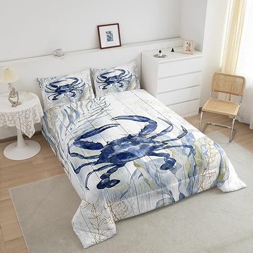 Miniatura 3 de Erosebridal Juego de edredón de cangrejo tamaño King, juego de ropa de cama con acuarela, vida marina, animales salvajes, edredón de plumón azul y
