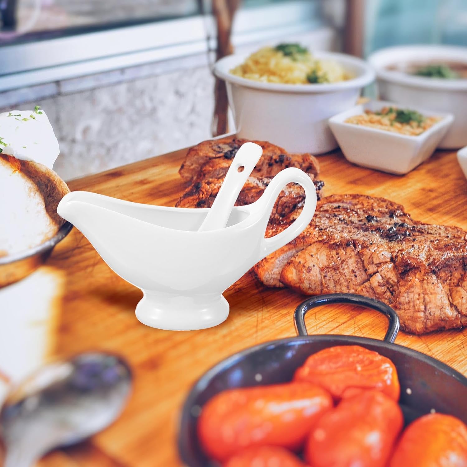 Ceramic Gravy Boat 175ml White with Deep Spoon, Spill-proof Xmas