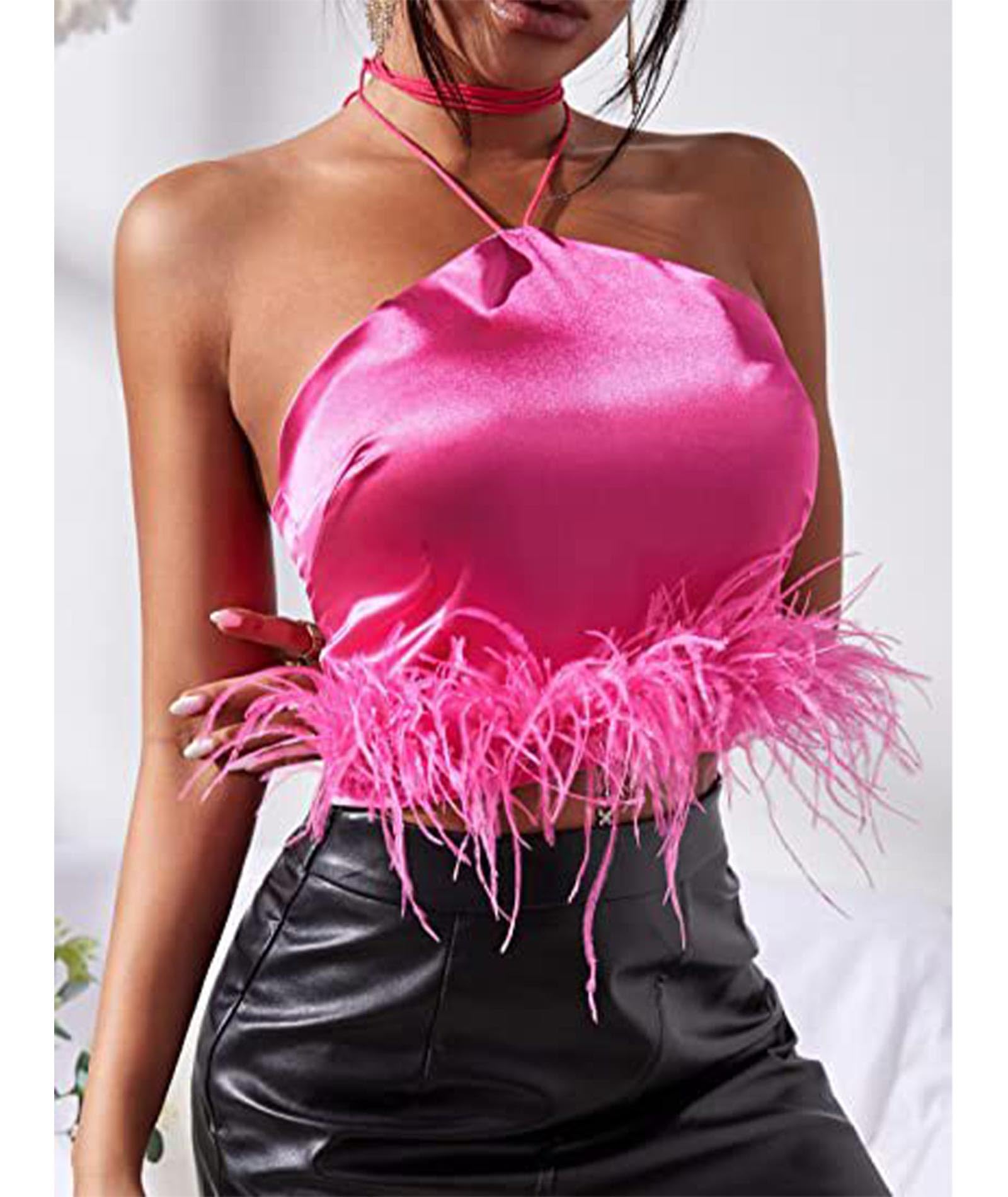 xxxiticat Canotta pelosa da donna senza maniche Halter Lace Up Open Back Faux Fur Tube Shirt Party Satin Slip Feather Crop Top