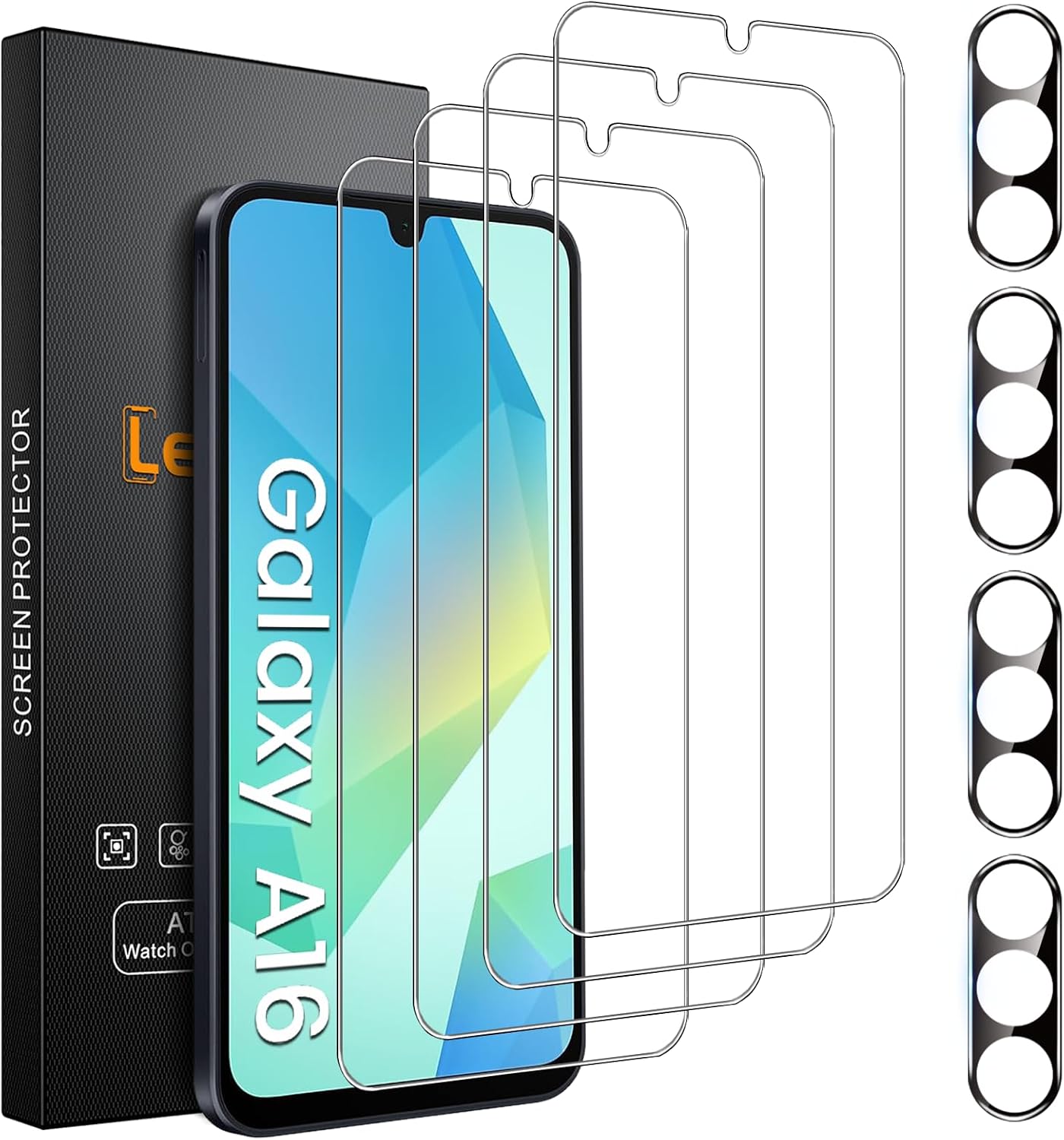Lesakit Samsung Galaxy A55 5G Screen Protector 4 Pack Tempered Glass with 4 Pack Camera Lens Protector, 9H Hardness Anti-Fingerprint Case Friendly Bubble Free