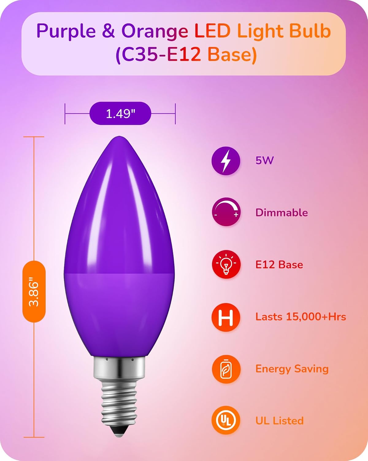 EDISHINE Christmas C35 Purple & Orange Dimmable LED Light Bulb, E12 Candelabra Bulbs, 60 Watt Equivalent, LED Chandelier Bulb, Vintage Candle Light Bulb for Christmas, Festival Decor Bulbs, 6 Pack