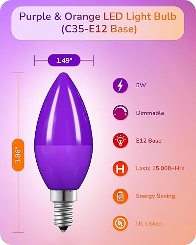 Miniatura 5 de EDISHINE Bombilla LED regulable C35, color morado y naranja, bombillas de candelabro E12, equivalente a 60 W, bombilla LED para candelabro, bombilla
