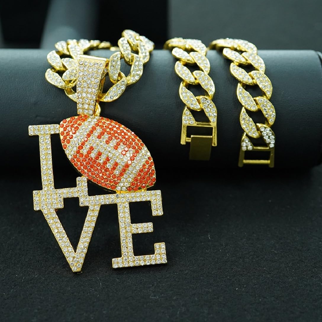 Rugby Football Pendant for Men Love Rugby Cuban Necklace, Iced Out Rugby Football Cuban Chain Necklace Gold Hip Hop Football Lovers Necklace Men’s CZ Football Fans Jewelry Rock Rugby Sports Necklace - Image 6