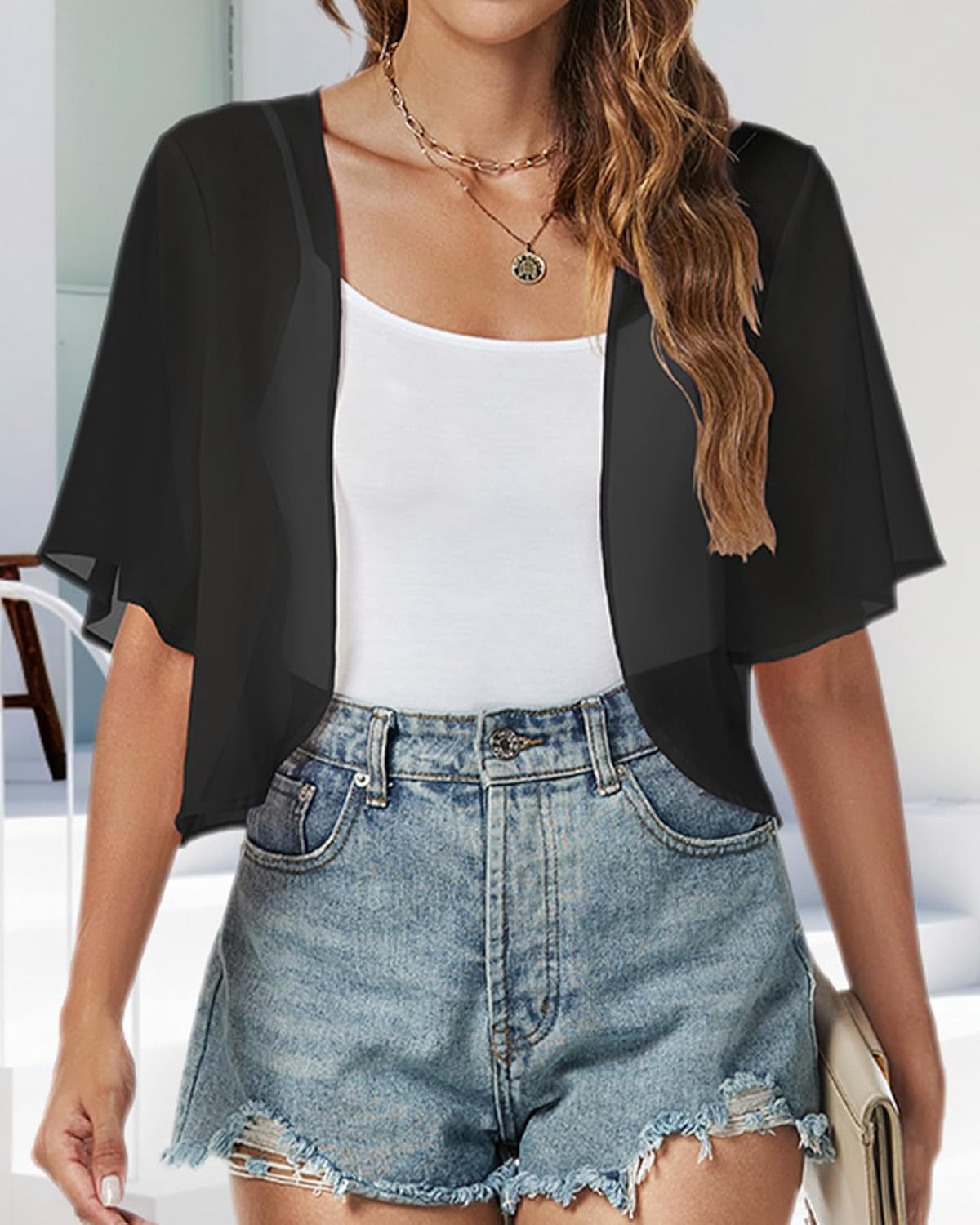 Women Shrug Chiffon Cardigans Open Front Short Sleeve Bolero for Evening Dressy - Image 2