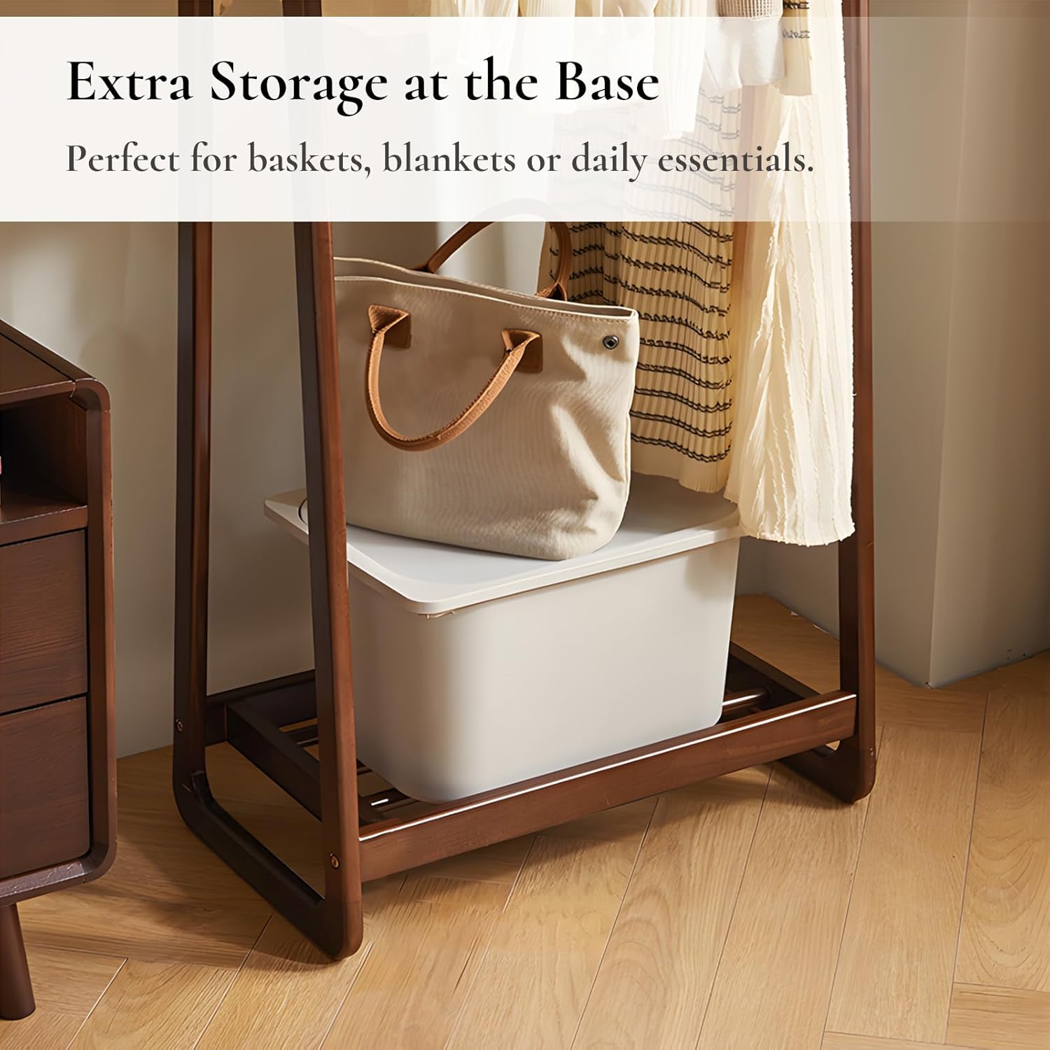 Solid Wood Clothing Rack with Shelf, Freestanding Garment Rack with Hooks, Rubberwood Clothes Organizer for Bedroom Entryway, Minimalist Wooden Clothes Stand (Walnut, 31.5" W)