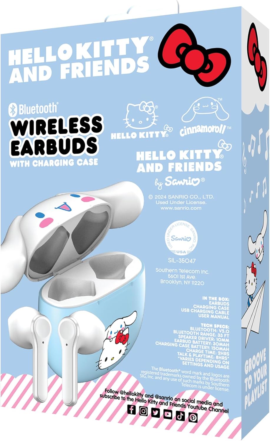 Indietro view of Hello Kitty Earbuds product packaging with specifications