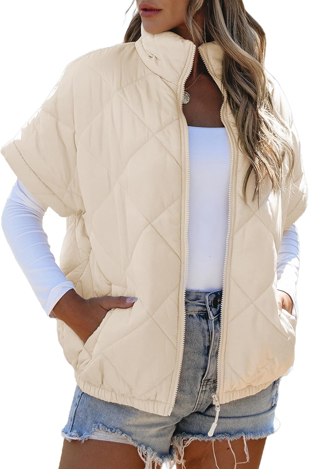 SHEWIN Quilted Jackets For Women 2025 Casual Lightweight Short Sleeve Zip Up Warm Vests