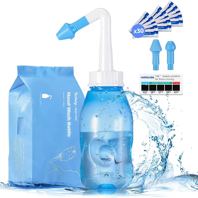 Neti-PotNeti Pot Sinus Rinse Nasal Wash 300ML Nasal Irrigation with 30 Nasal Wash Salt Packets and Sticker ThermometerNose Washing Cleaner Bottle Cleaner Pressure Irrigation for Adult & Kid BPA Free