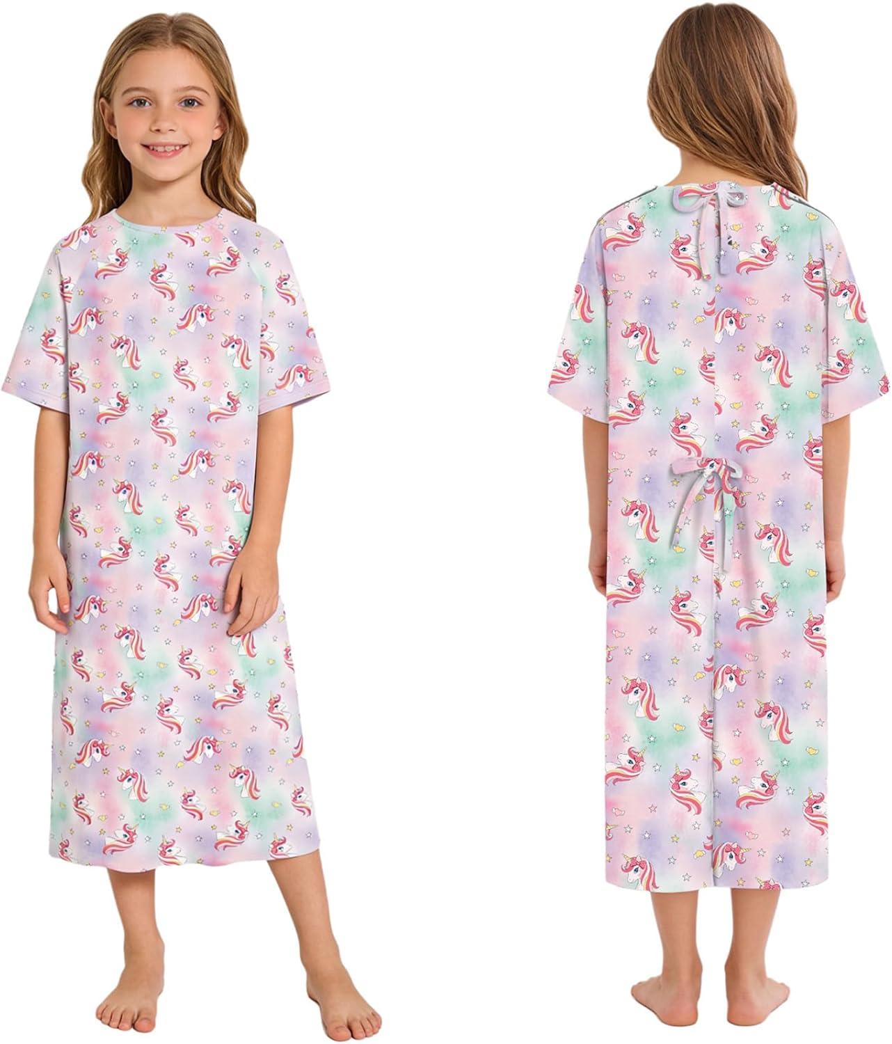 JEYPINMI Tear Away Surgery Dress for Girls Back Split Self-Tie Hospital Robe Cute Printed Patient Gowns Adaptive Clothes Colorful 8 Years