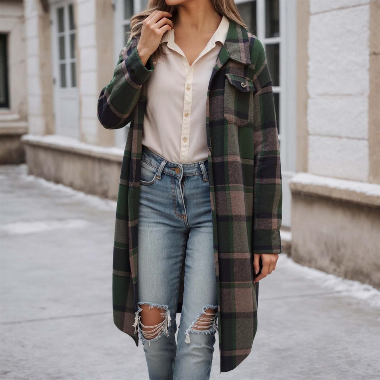 Abrigo largo de lana a cuadros, informal, para otoño e invierno, a la moda, suave, ligero, cómodo, elegante, versátil, para uso diario.