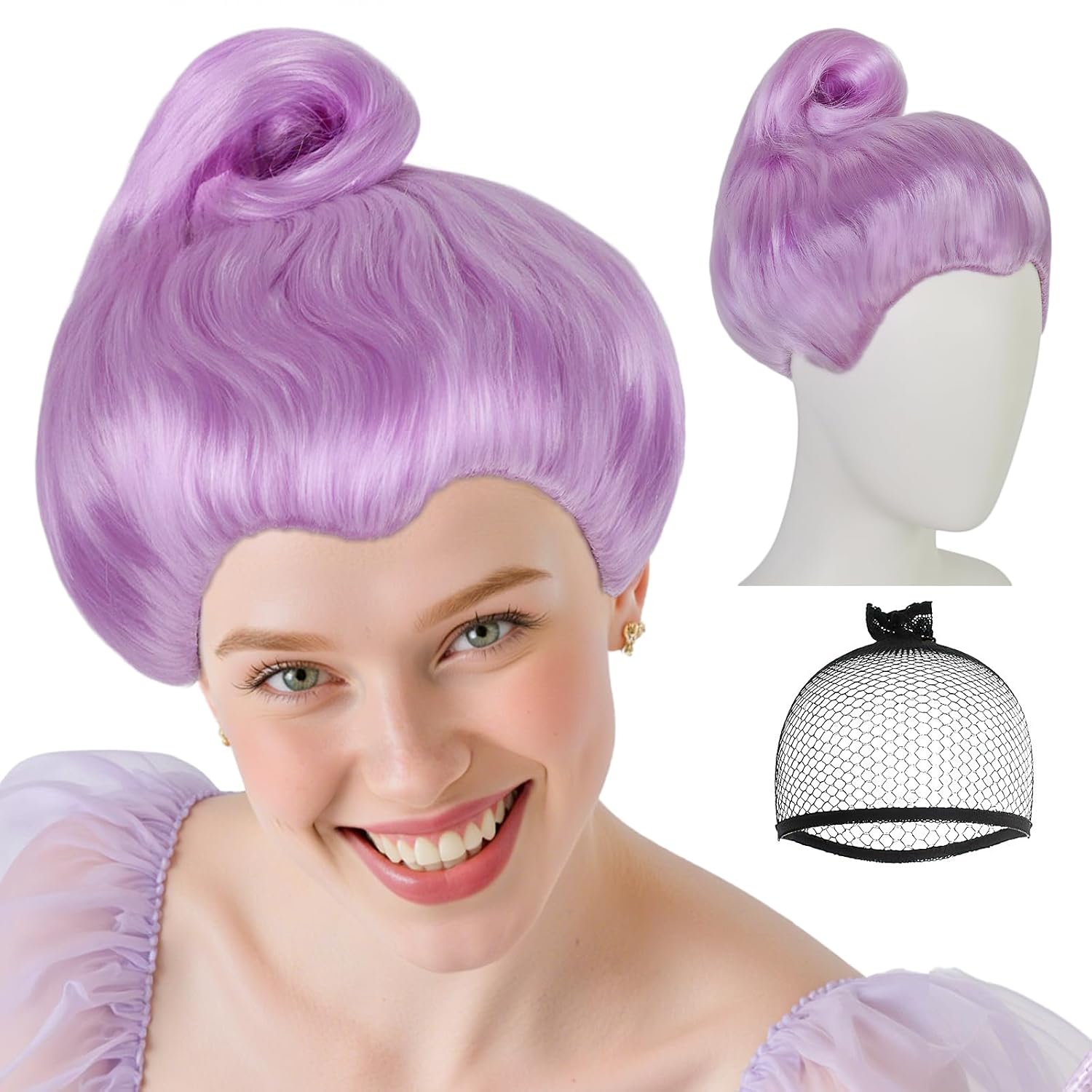 (Wig Cap + Godmother Wig for Women Short Light Purple Synthetic Hair Cosplay Wigs for Adults Fairy Tale Costume Wigs for Halloween Party Fairy Godmother Anime Hair for Cosplay