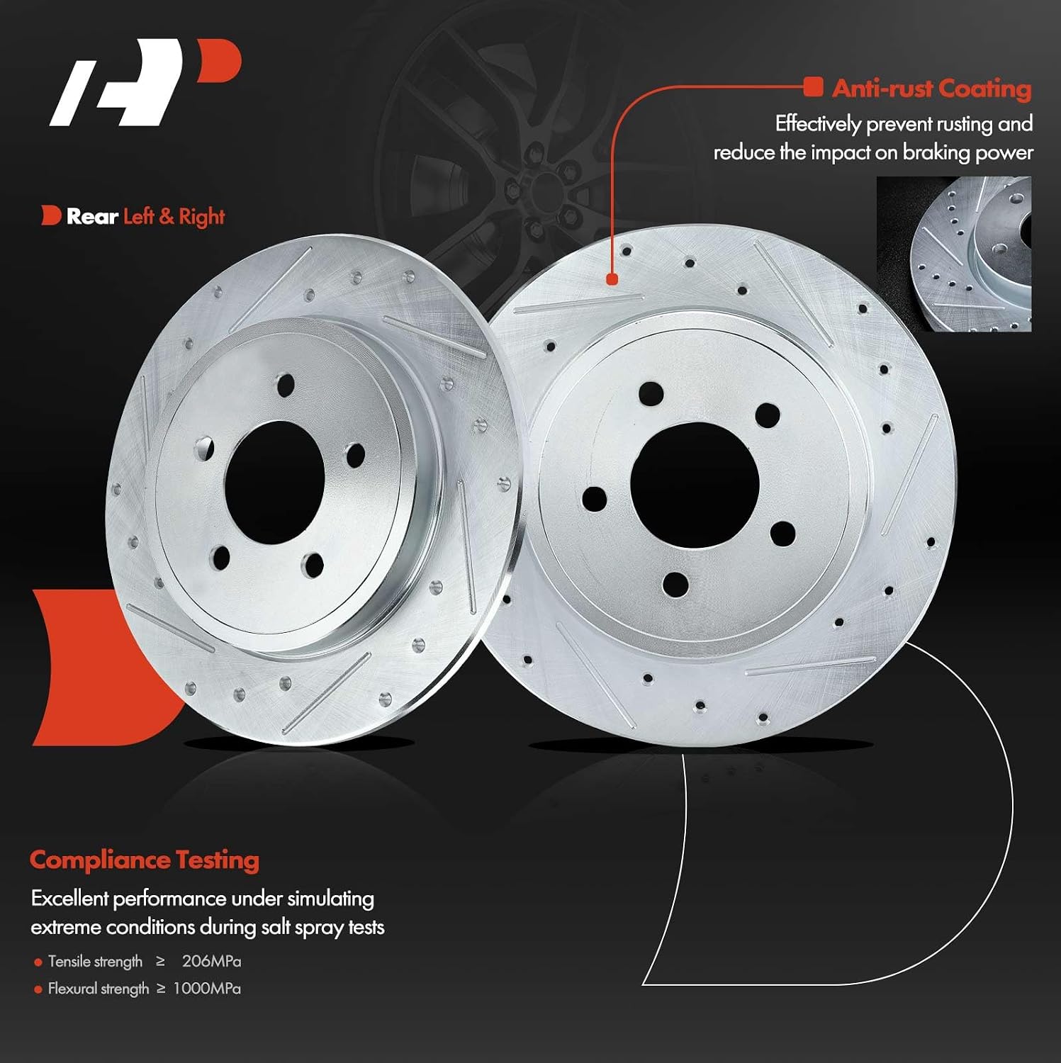 A-Premium 11.89 inch (302mm) Rear Drilled and Slotted Disc Brake Rotors Compatible with Select Ford, Mercury and Mazda Models - Escape/Mariner 2005-2008, Tribute 2005-2006/2008, 2-PC Set