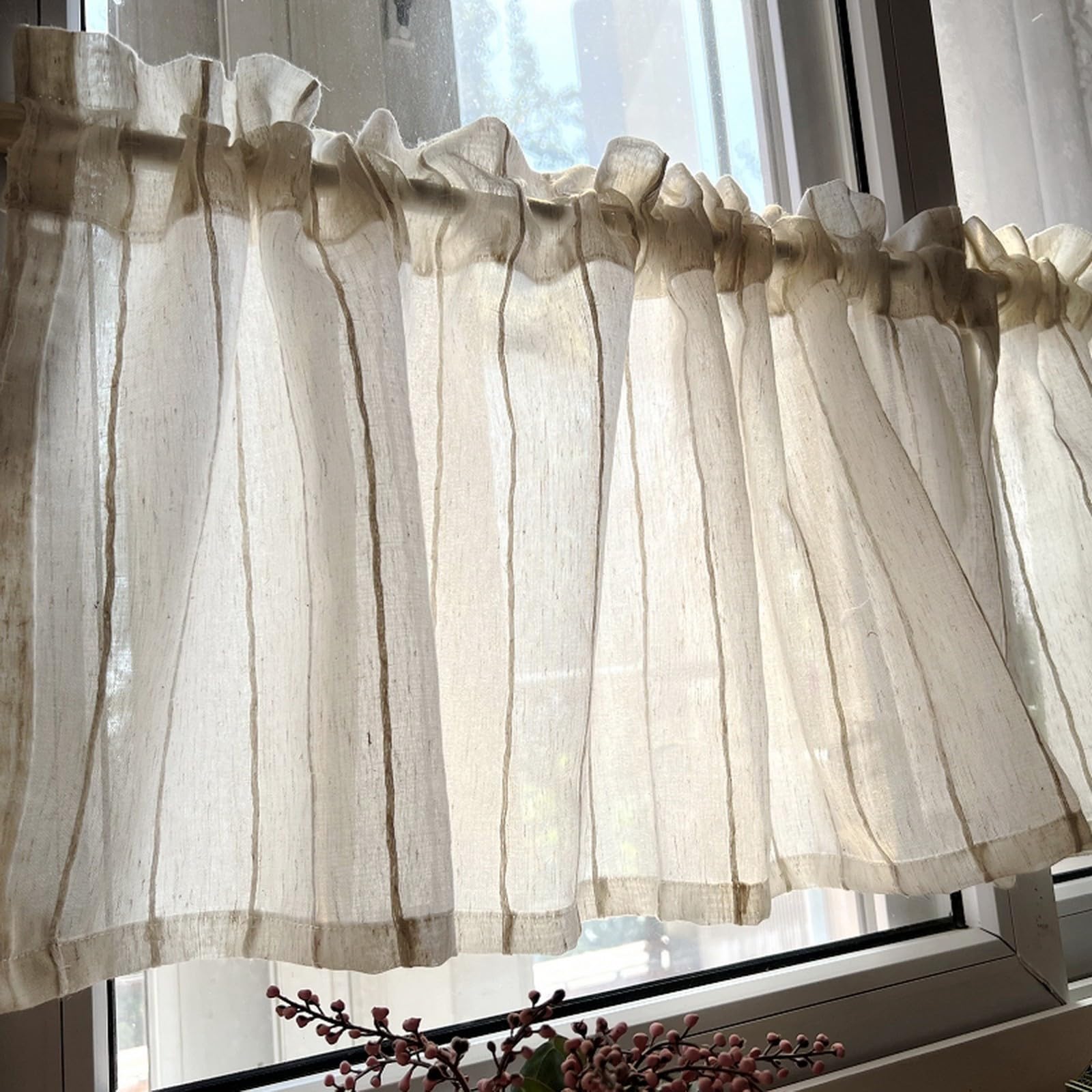 A.Monamour Gardine Scheibengardinen Kurzstores Halbtransparenter Gestreifter Voile Vorhang Kurzvorhang Kurzgardinen Küchengardine Küche Vorhang Fenster Kurz Stores Bistrogardine