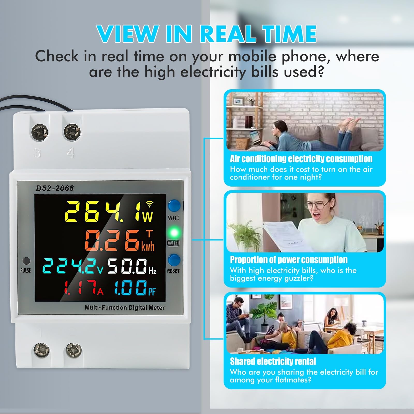 DEWIN Misuratore Consumo Elettrico WiFi 6 in 1 100A Contatore Energia Elettrica WiFi Wattmetro Misuratore di Consumo Elettrica con CT Esterno AC 40-300V