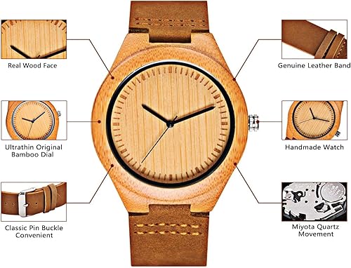 Miniatura 3 de CUCOL Reloj de madera de bambú con correa de cuero marrón con mecanismo de cuarzo japonés para hombre Relojes informales