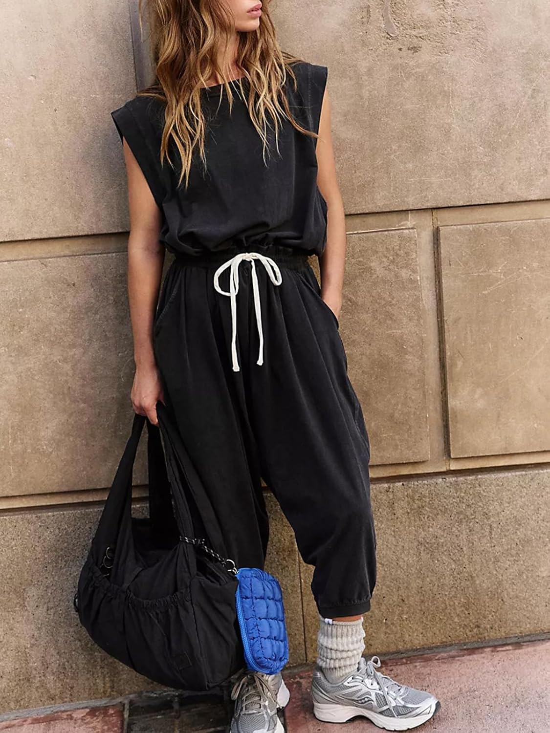 Womens Backless Athletic Romper Sleeveless Loose Wide Leg Workout Jumpsuit with Pockets for Yoga Gym Casual - Image 4