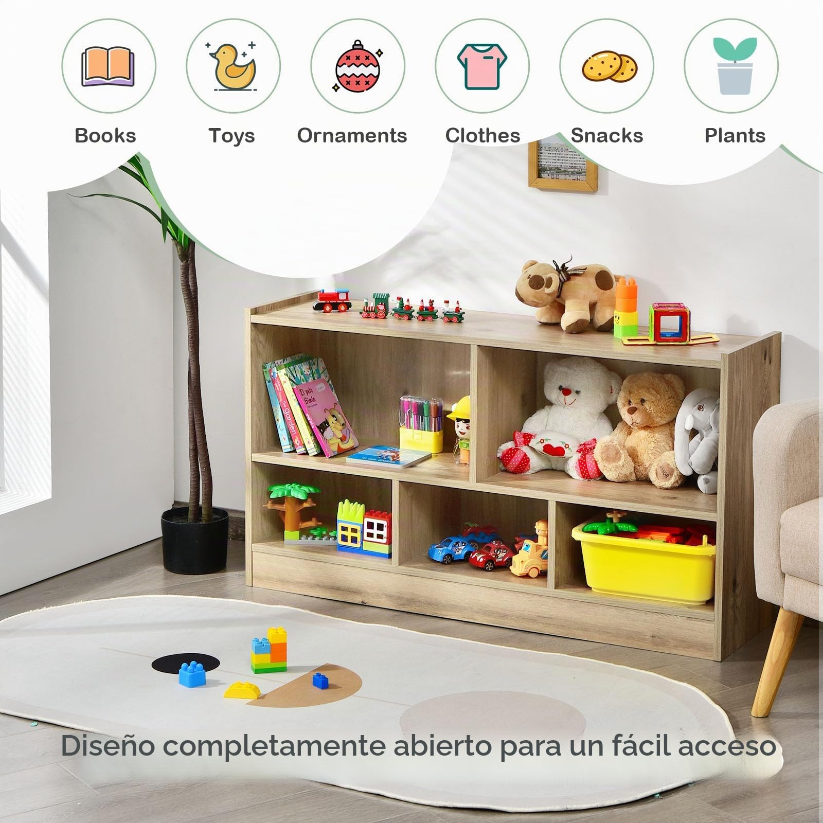HOMASIS Armario de juguetes de 2 niveles con 5 compartimentos, estantería infantil de madera, estantería abierta, estantería de almacenamiento para juguetes, para habitación infantil, sala de juegos