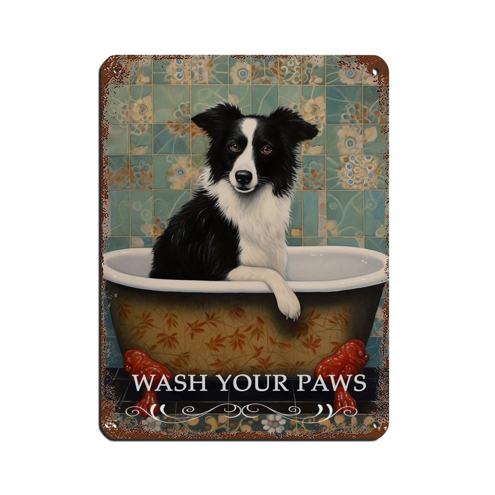 Border Collie in Bath Fun Bathroom Art Retro Poster Metal Tin Sign Chic Art Retro Iron Painting Bar People Cave Cafe Family Garage Poster Wall Decoration 12x16inch(30x40cm)