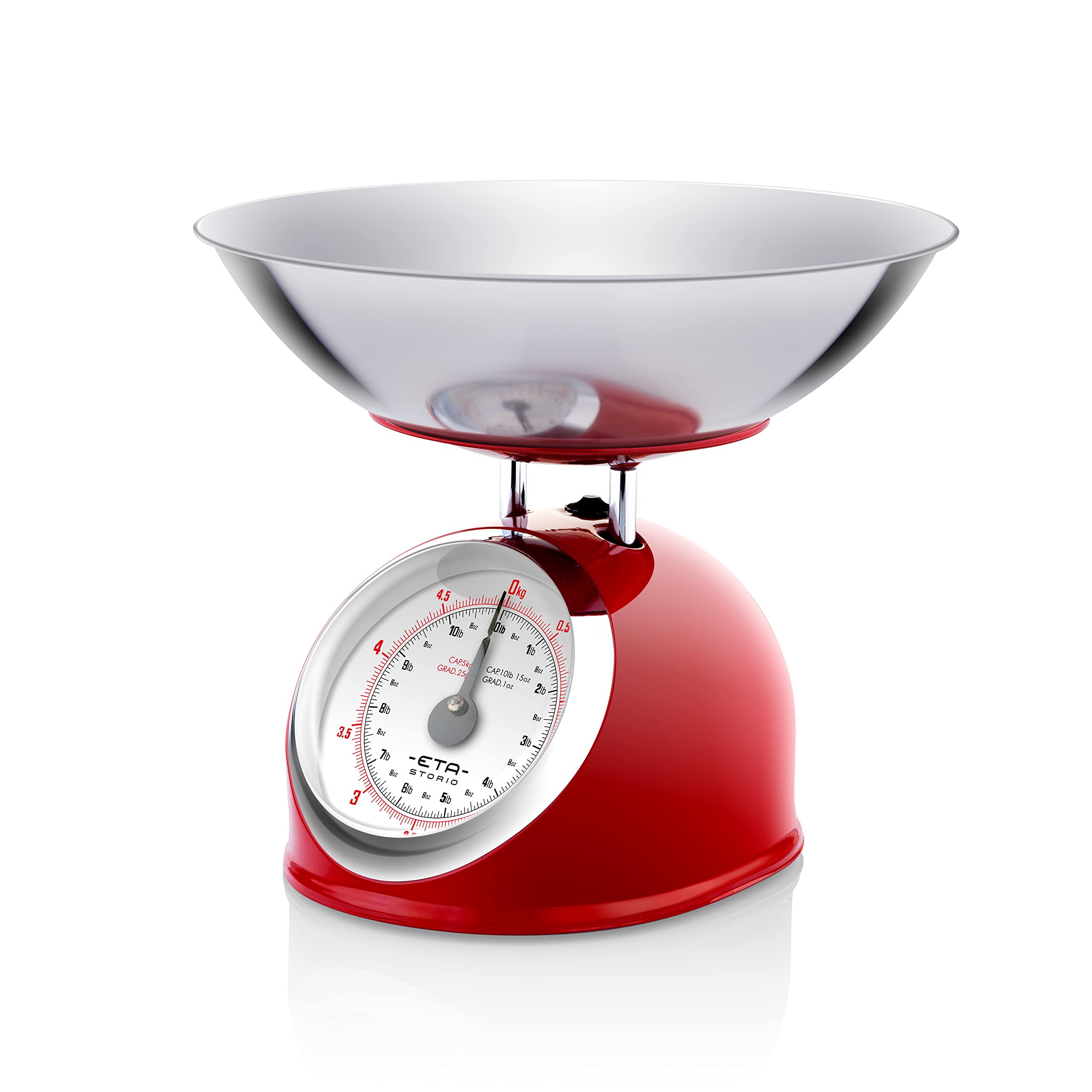 ETA STORIO - Báscula de Cocina Analógica Pesa Comida (Cuenco de Acero Inoxidable, 2 l, máx. 5 kg), Color Rojo