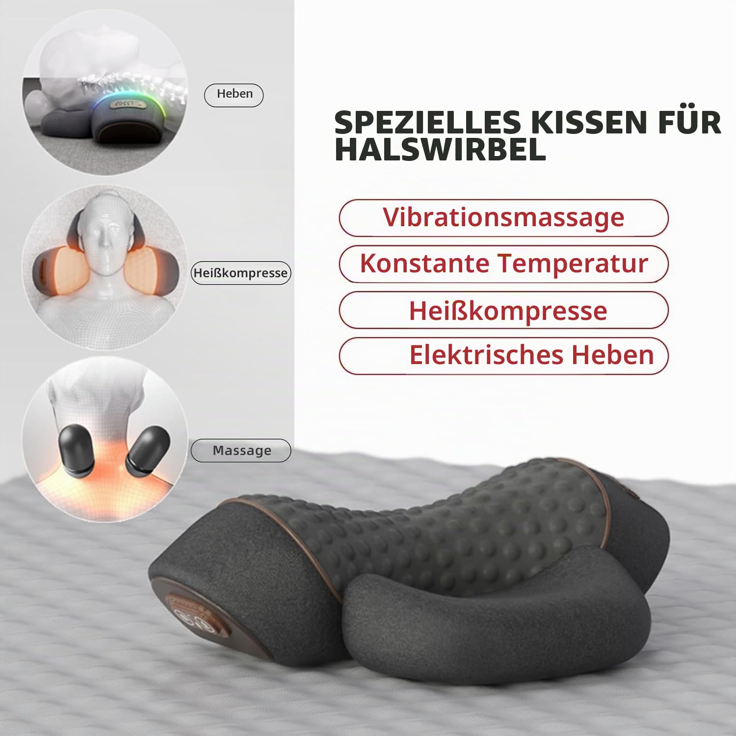 Callixethera Kissen Massage Nackenhöcker, 3 in 1 Zervikales Nackenkissen mit Wärmetherapie, Memory Foam, Ergonomische Kissen für Einschlafhilfe (Schwarz)