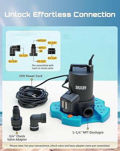 Miniatura 7 de SEESII Bomba de cubierta de piscina de 13 HP, encendidoapagado automático, bomba de agua sumergible de 3035 GPH con red de filtro, cable de