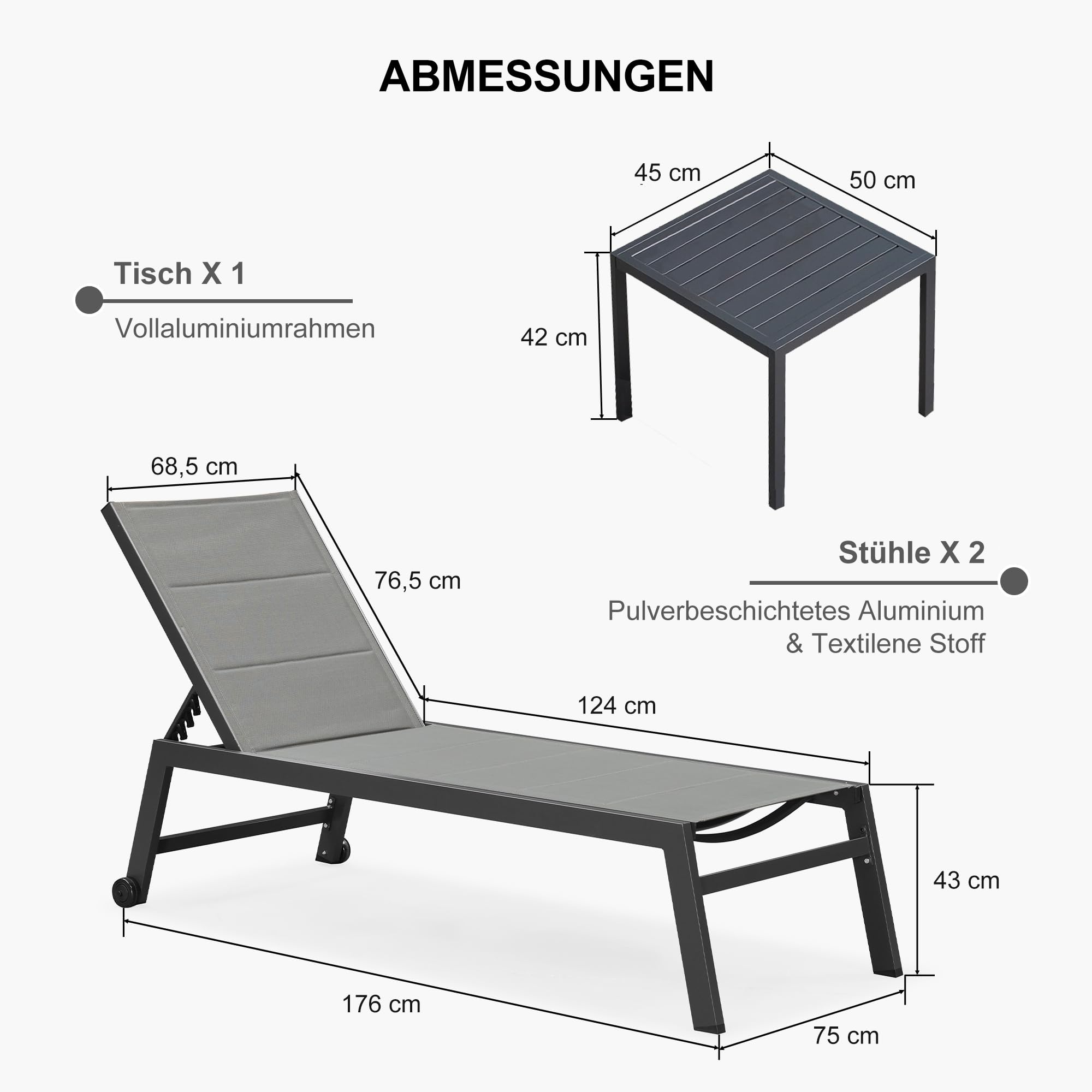 PURPLE LEAF 2er-Set Sonnenliege Groß Aluminium mit Rollen, Grau | Extra breite Liegefläche, 5-Fach Verstellbare, Gepolstertes Textilene, Atmungsaktiv, Robuster Alurahmen, Mobil dank Rollen