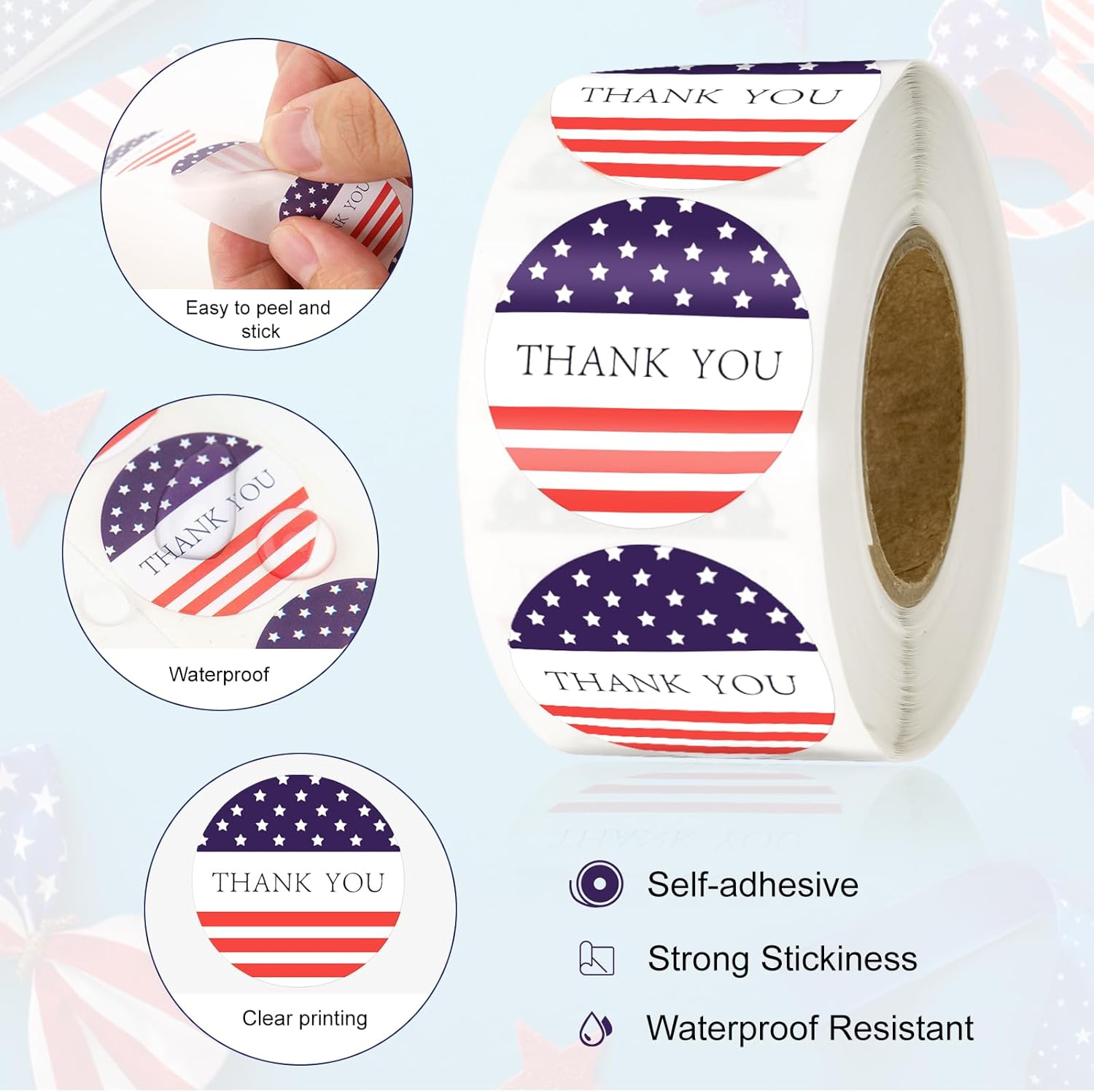 G2PLUS American Thank You Stickers, 500PCS American Flag Stickers, 1 inch Round Thank You Patriotic Gift Sticker, Star American Flag Label Sticker Roll for Envelope Seals - Image 3