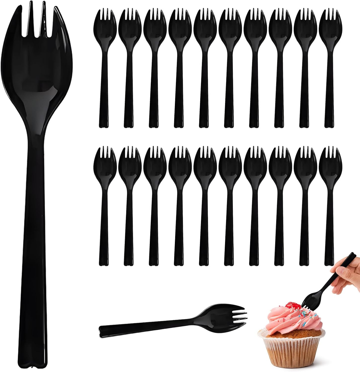 50Pcs Long Handle Plastic Spork, 6.3Inch Large Disposable Utensils, Heavy Weight Black Fork Spoon Combo for Appetizer, Catering, School Lunch, To-Go & Party Use