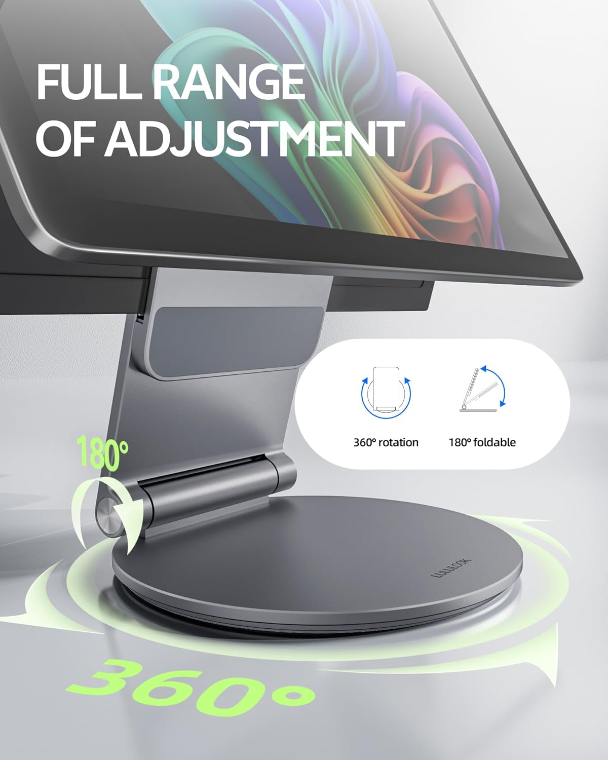 LULULOOK Stand for Surface Pro/Go - Aluminum Alloy 360° Swivel Base, Foldable Tablet Holder/Riser for Microsoft Surface Pro 7/8/9/10/11 & Go 2/3/4 | Portable Office Desk Accessories, Gray