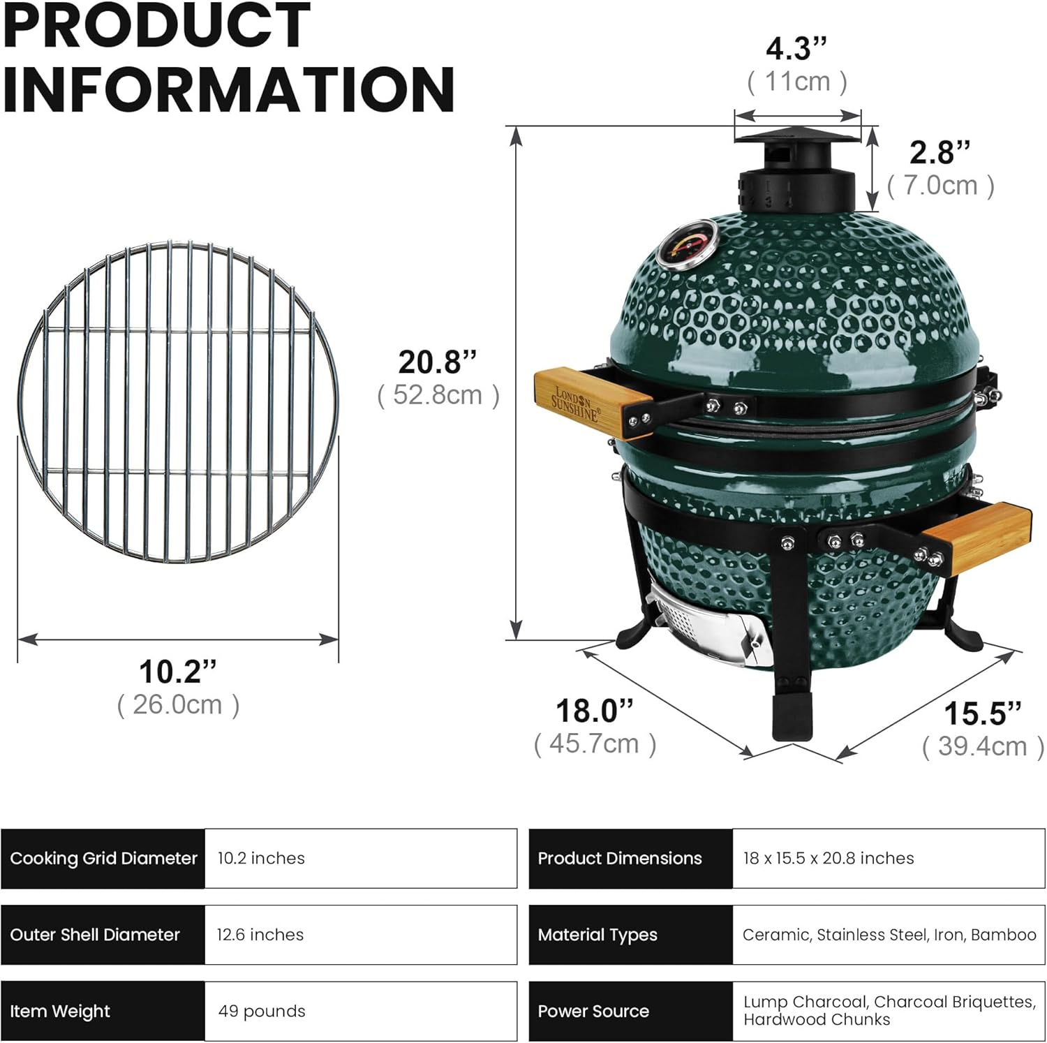 Upgraded 13 inch Ceramic Kamado Grill with Waterproof Air Vent Cap | Portable Tabletop Charcoal BBQ Grill Smoker for Outdoor Cooking, Patio, Camping | Green