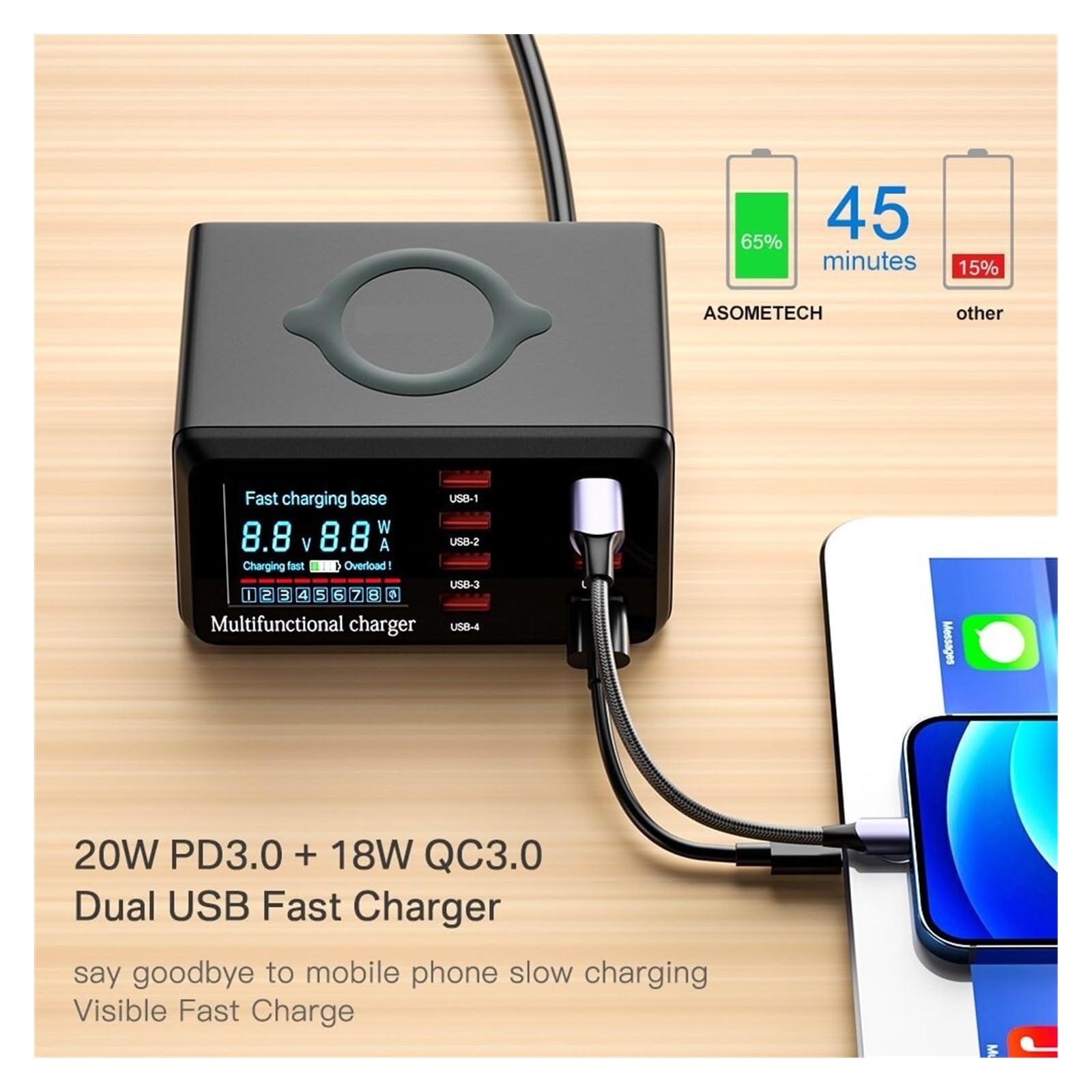 EDEDE Chargeur USB Multiple, Station de Chargeur USB 100W à 8 Ports, avec Charge sans Fil, écran d'affichage numérique, QC3.0 PD3.0, Charge Rapide pour Smartphone