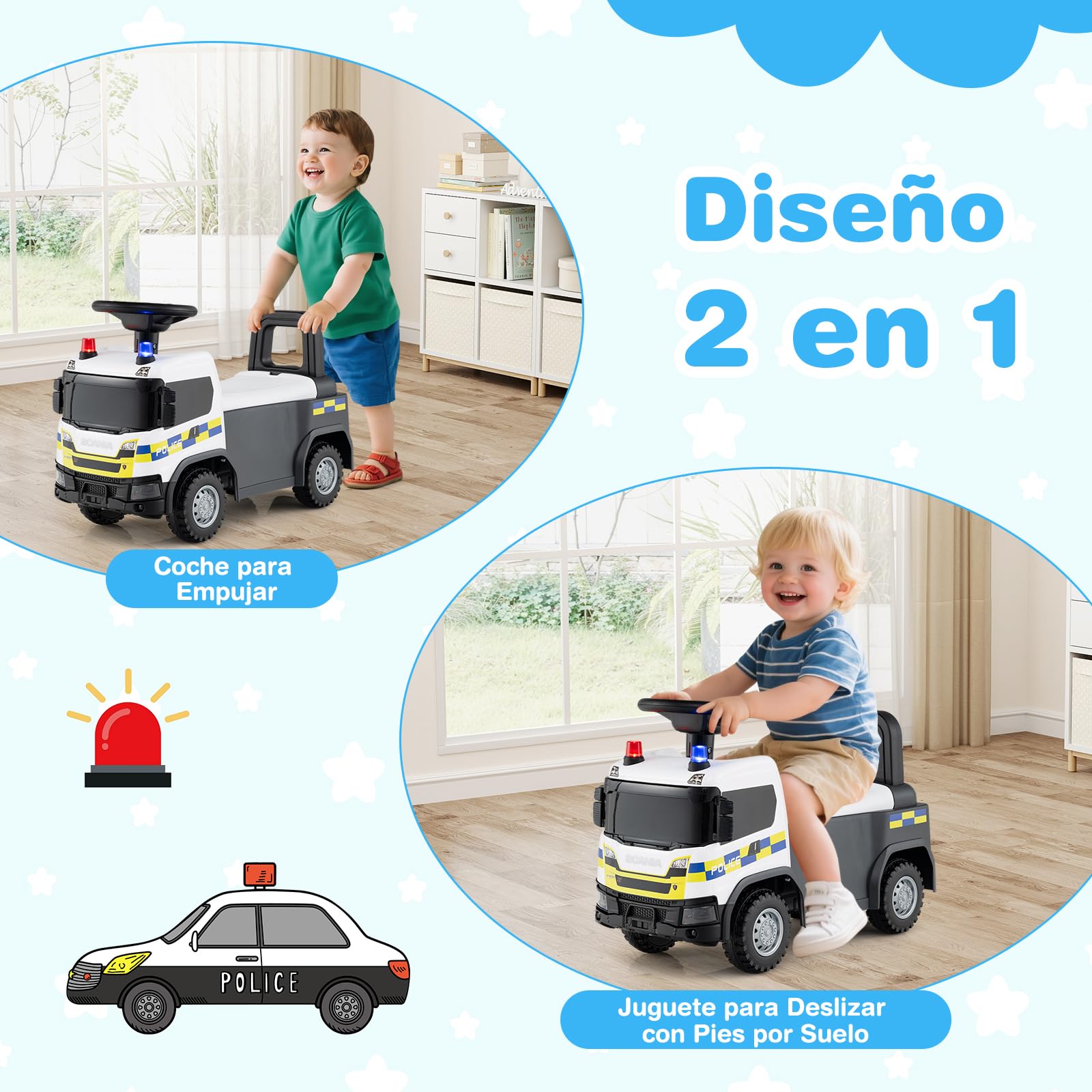 COSTWAY Correpasillos Bebé, Coche Correpasillos para Niños con Bocina, Música, Sonidos y Luces de Bombero/Construcción/Policía, Andador con Almacenaje para Niños de 18+ Meses (Blanco)