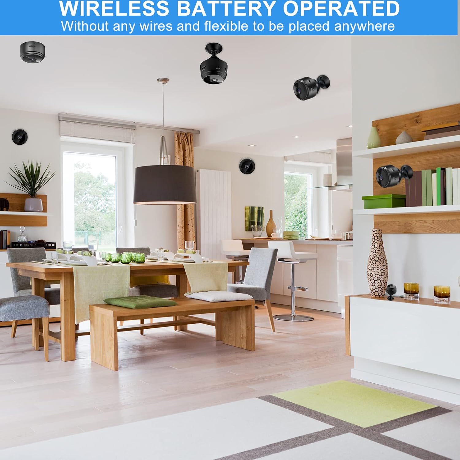 Image showing motion detection capability, with a burglar figure and a red alarm icon on a smartphone screen.