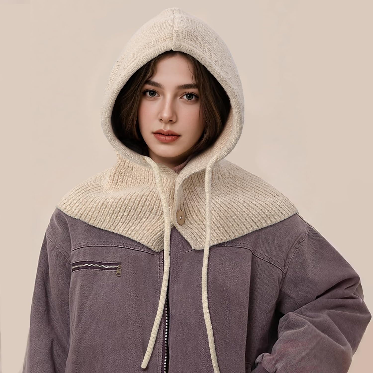 Balaclava Hat for Women, Warm Ear Neck Hooded Scarf Hat with Drawstring, Fashionable Knit Skull Cap Cold Weather