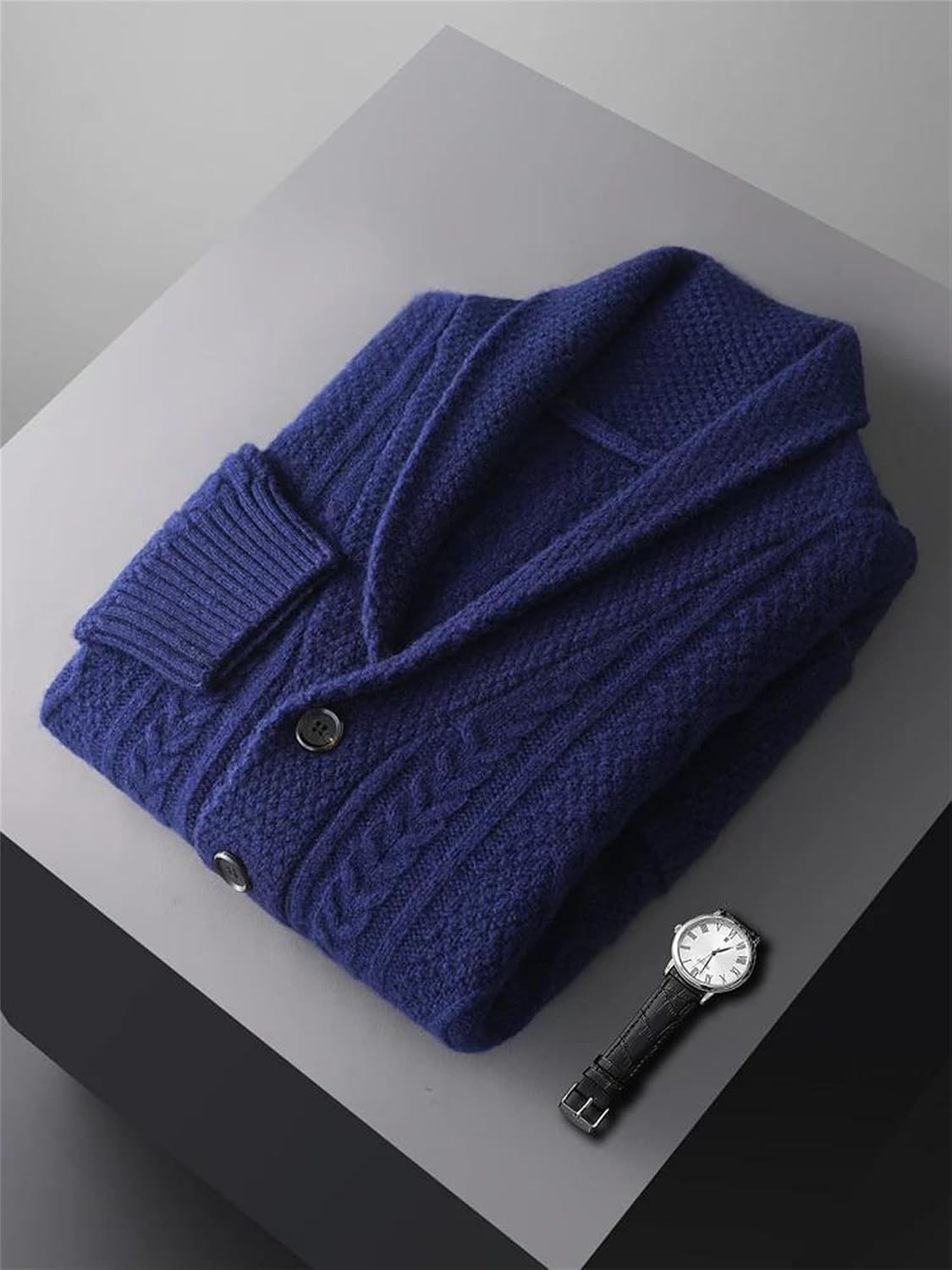 Mens Cardigan Sweaters Turndown Collar Cable Knit with Pockets Button Placket Casual Pullover Thick Tops