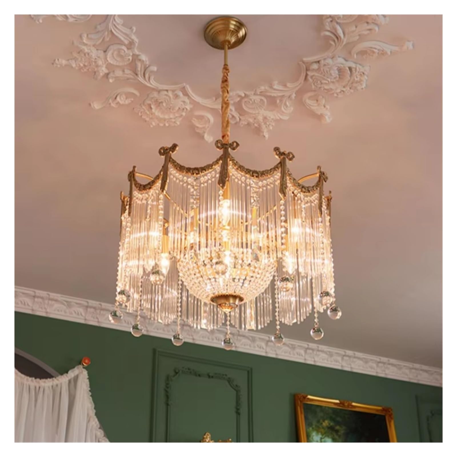 ZTCHSENZT French Copper Crystal Lamp European Retro Ceiling Chandelier Villa Living Dining Room Bedroom Pendant Lamp,Cold White-D50xH50cm