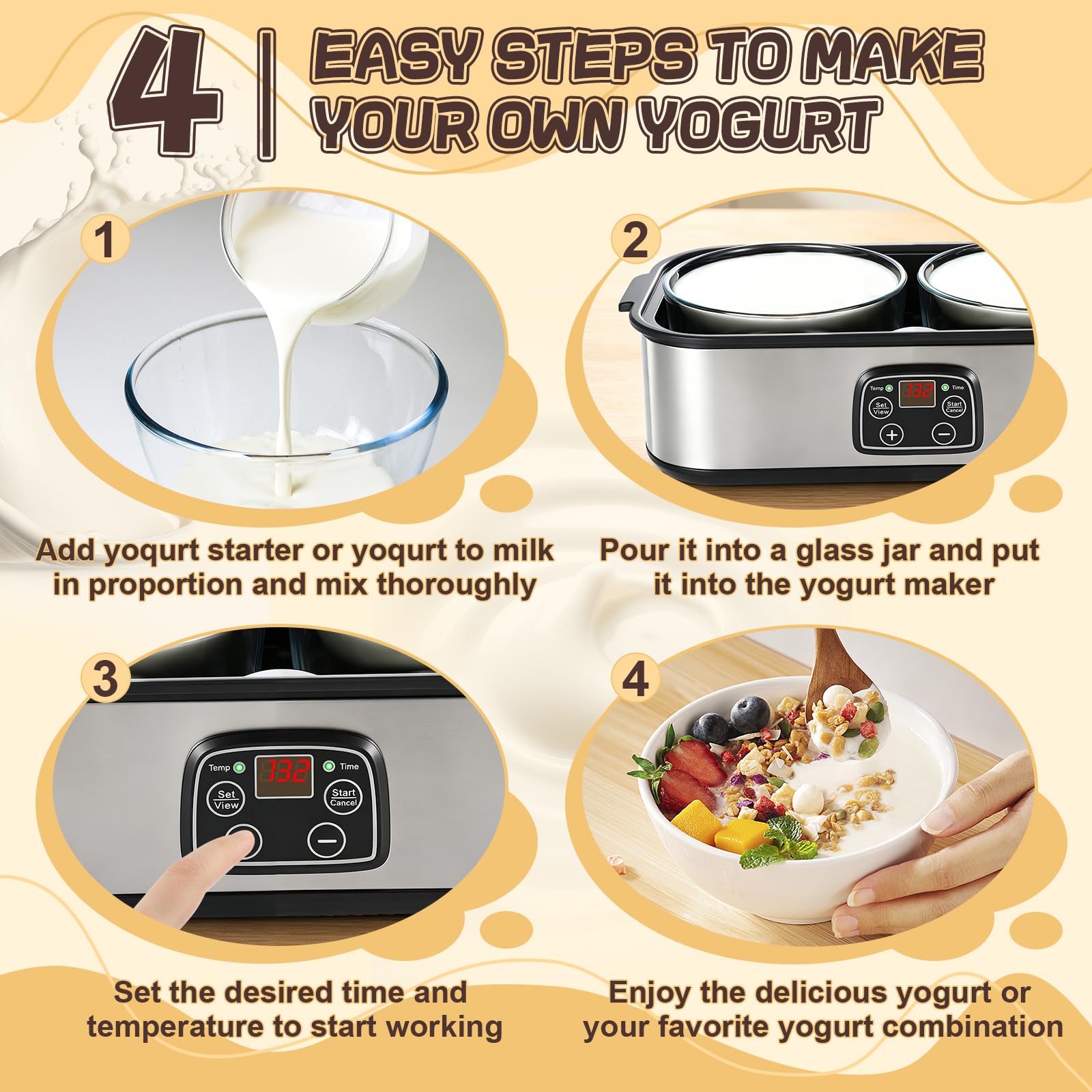 Yogurtiera Elettrica con Lcd Display, Macchina per Yogurt 2l, Yogurtiera con Timer e Controllo Della Temperatura, BPA Free, Yogurt Maker per Yogurt Greco, Formaggio, Natto, Vino Di Riso