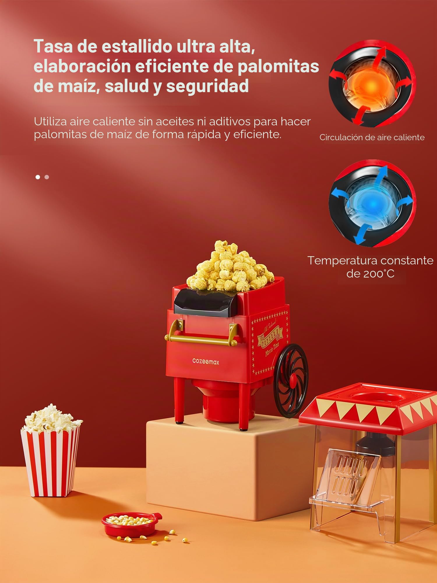 Palomitero, 1200W Vintage Máquina de Palomitas con Gran Capacidad, máquina de hacer palomitas dulces Aire Caliente Sin Grasa AceitaLibre de BPA, Rojo