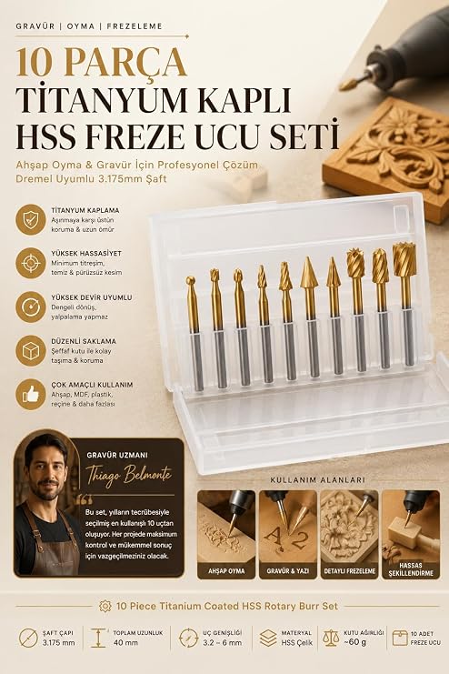 Transformacion 10 Parça Titanyum Kaplı HSS Ahşap Oyma Freze Ucu Seti Dremel Uyumlu Gravür Matkap Uçları 723528