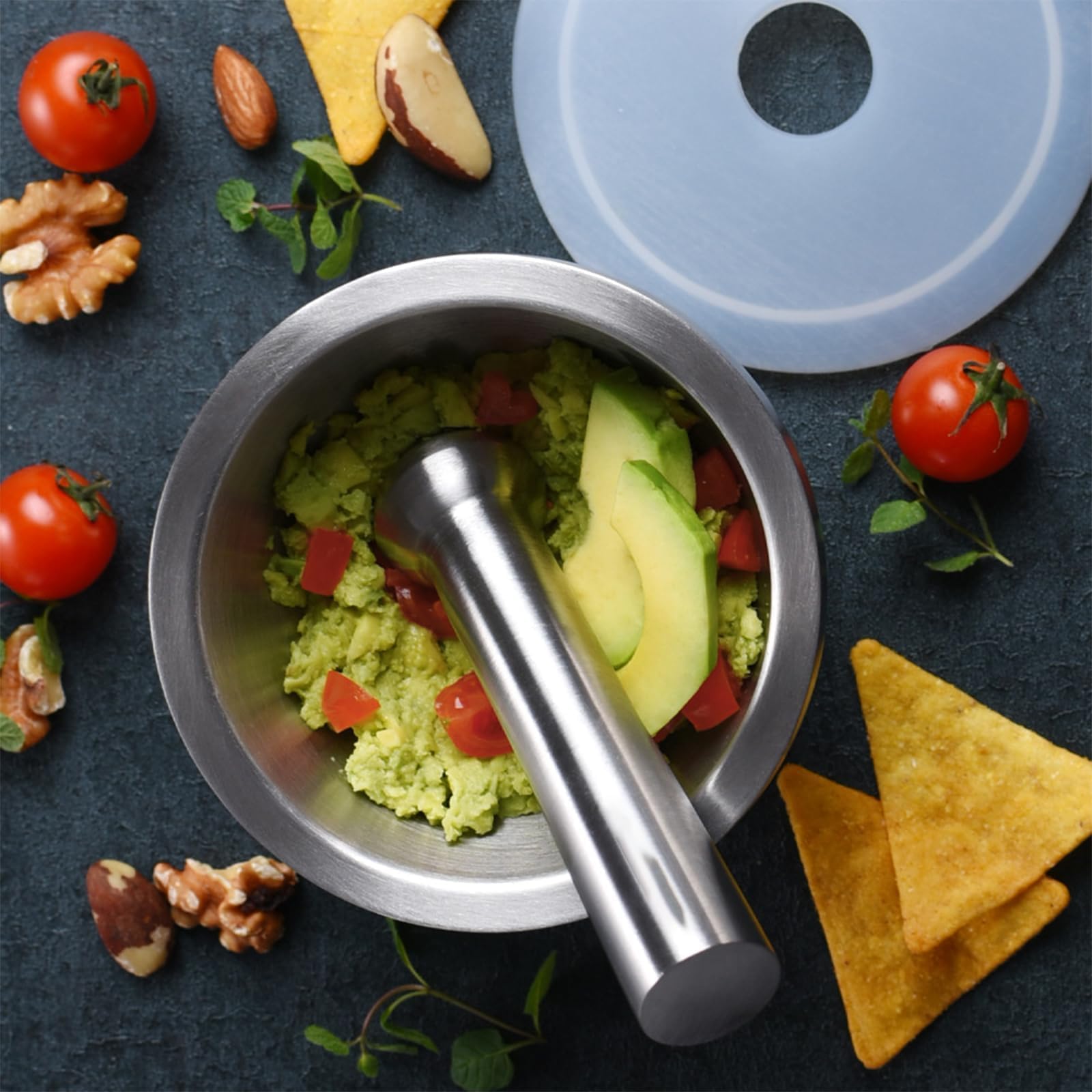 Mortero con Mano - Mortero Cocina - Mortero de Acero Inoxidable 304 con Tapa PE, diámetro 10 cm - Antióxido, Duradero - Para Moler Especias, Hierbas, Ajo, Nueces