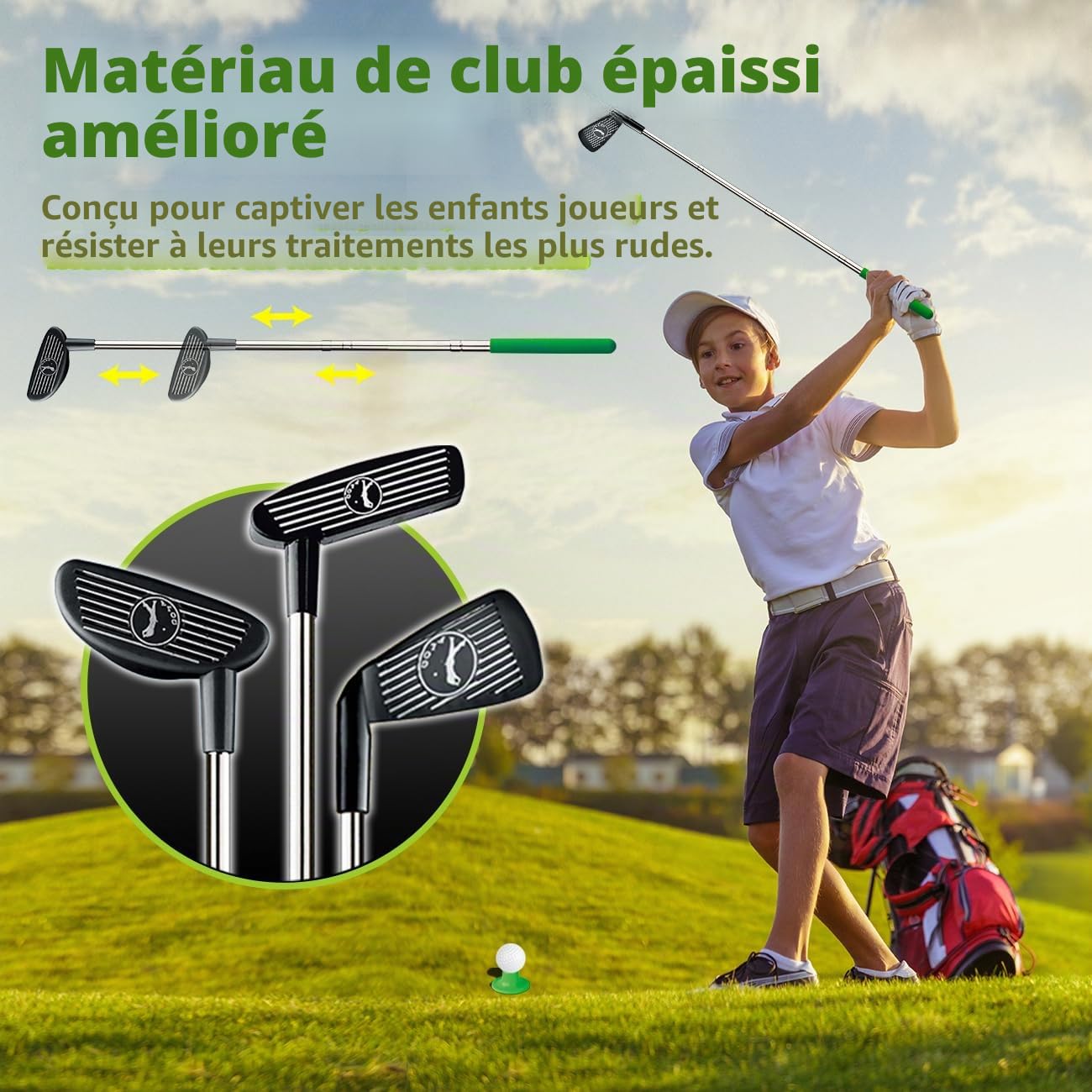 TERRAMUS Set de Golf 3 en 1 pour Enfants avec Retourneur Automatique de Balles,Cornhole Board, Balles Lumineuses LED,Tapis de Putting,Mini Golf 3-8 Ans,Jouet de Golf Indoor,Cadeau pour Garçons Filles