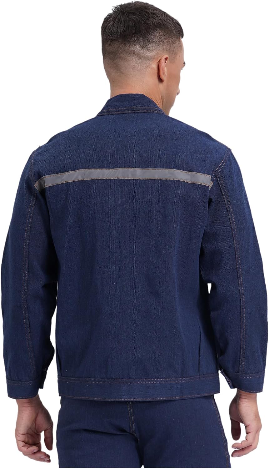 FEESHOW Men Denim Jacket Workwear With Pockets Long Sleeve Button Coat Jacket Turn-down Collar Outerwear