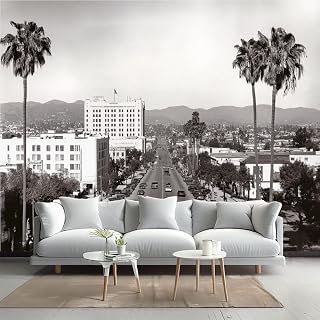 Vintage Wallpaper Los Angeles Streets Black Whites Pictures Wall Mural Peel and Stick Canvas Art Wall Mural Decor Self- Adhesive Wallpaper for Bedroom Living Room