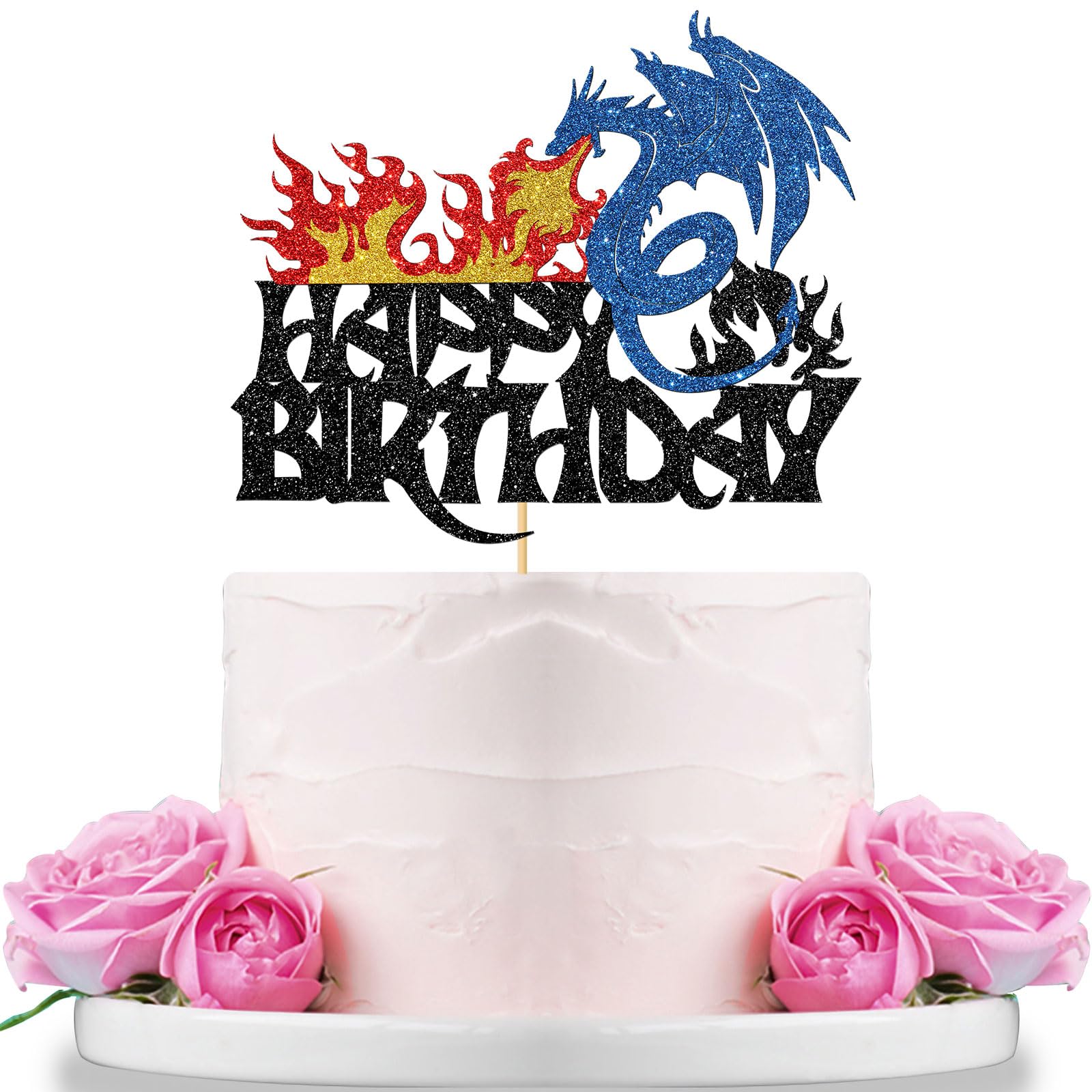 WeBenison Dragon Happy Birthday Cake Topper Fire-breathing Dragon Baby Shower Cake Topper Kids Birthday Flying Dragon Party Decorations Black Glitter