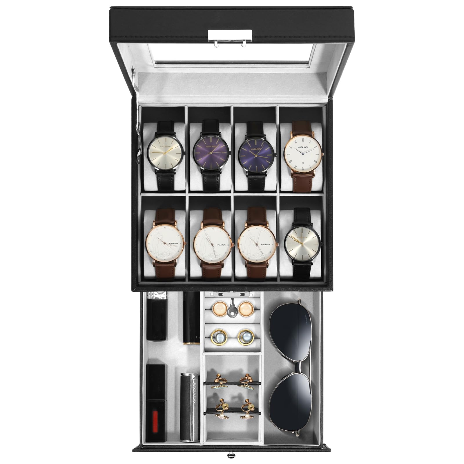 Uten Watch Box 8 Slots, 2-Tier Watch Case with Key Lock, Glass Lid, watch display box for Men and Women, Black Synthetic Leather, Grey Velvet Lining, Removable Pillows, Jewelry Storage Box, Gift Idea