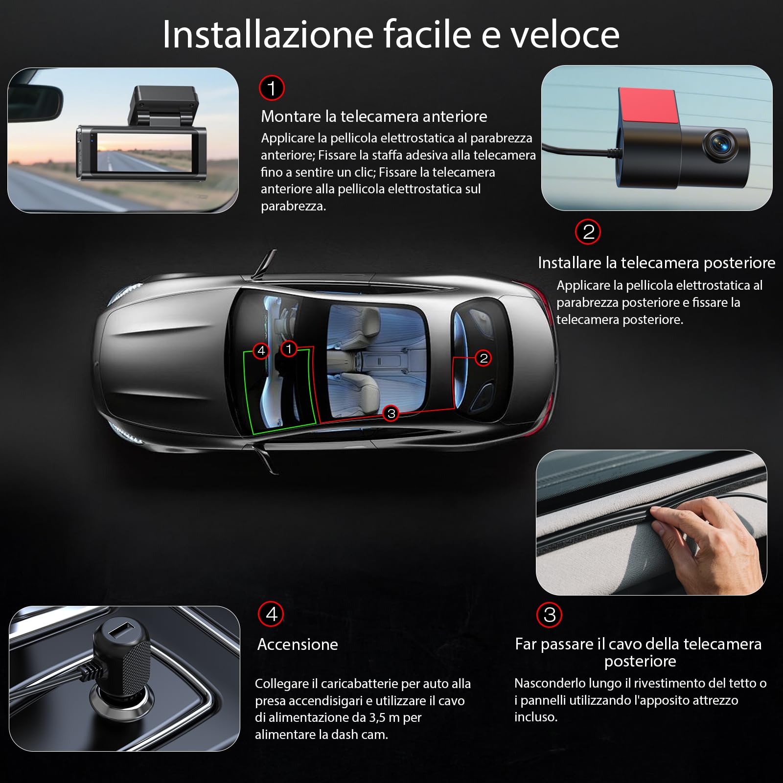 4K+2.5K Dash Cam Anteriore/Posteriore Doppio Canale – GPS+WiFi 5.8GHz, Schermo IPS 3.16", Sensore G, Visione Notturna, Controllo APP, Carta 64GB Inclusa