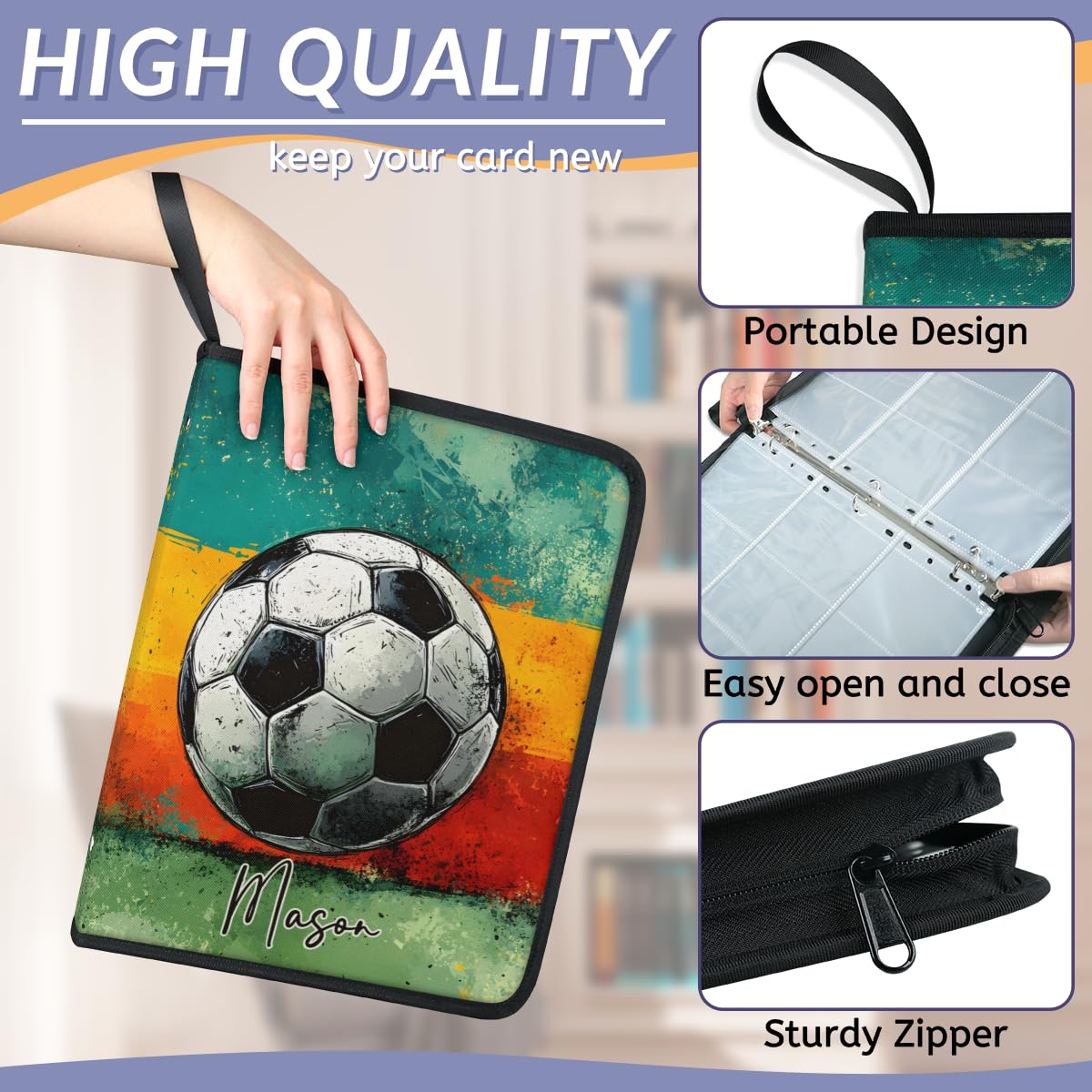Top-Loaders-for-Cards Sammelkarten-Alben, benutzerdefinierter Tresorbuch, 9 Taschen, Sport-Karten-Binder als Geschenk für Damen, Herren, Kinder, Mädchen, Jungen, schwarzer Fußball