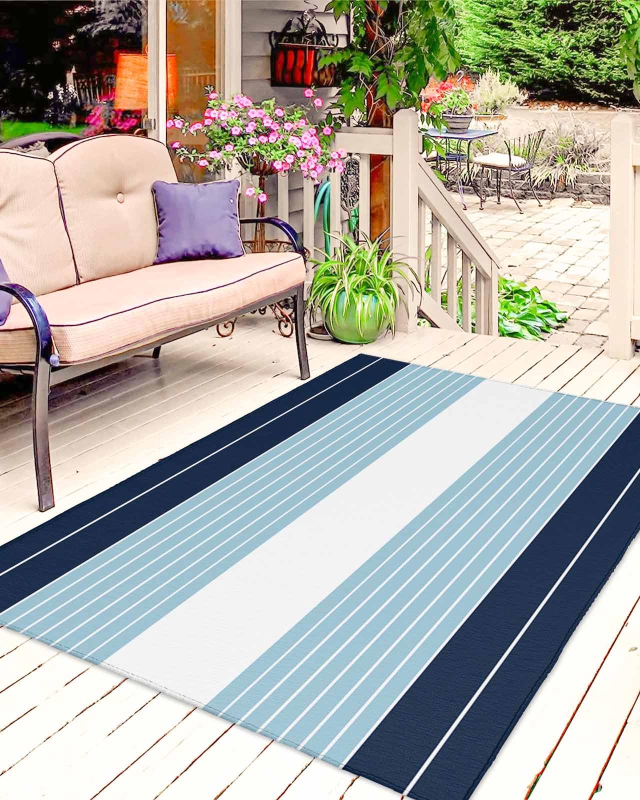 Amazon.com: ERUNPONLY Navy Blue Aqua Stripe Outdoor Rug 5x8 Ft for